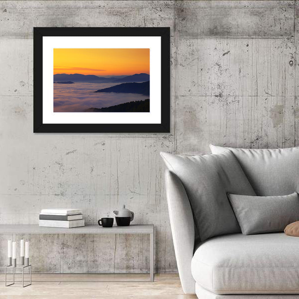 Cloud Sea Over Mountains at Golden Dawn Wall Art in a room, landscape