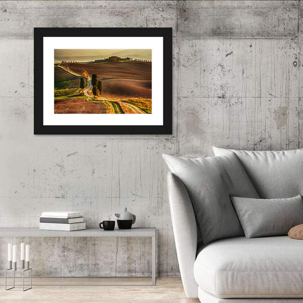 Val D’orcia Winding Golden Road Wall Art in a room, landscape