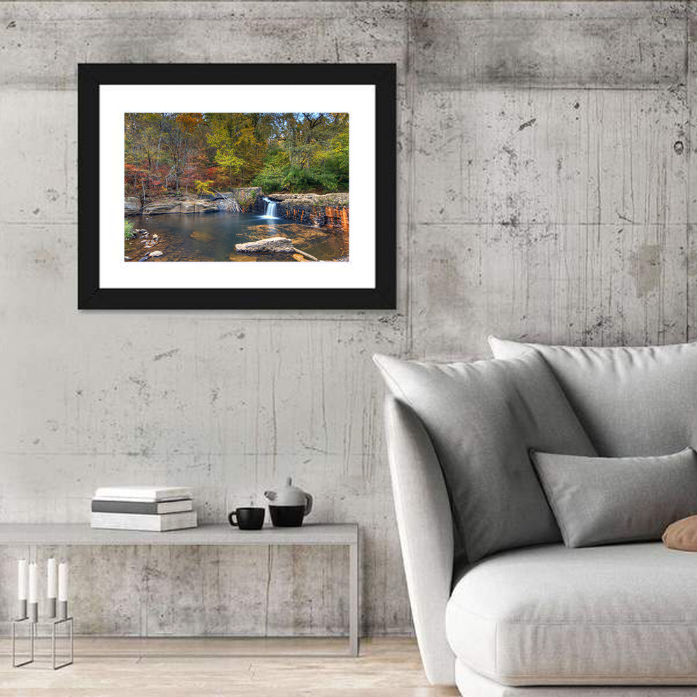 Freeman Mill Stone Dam Pond Wall Art in a room, landscape