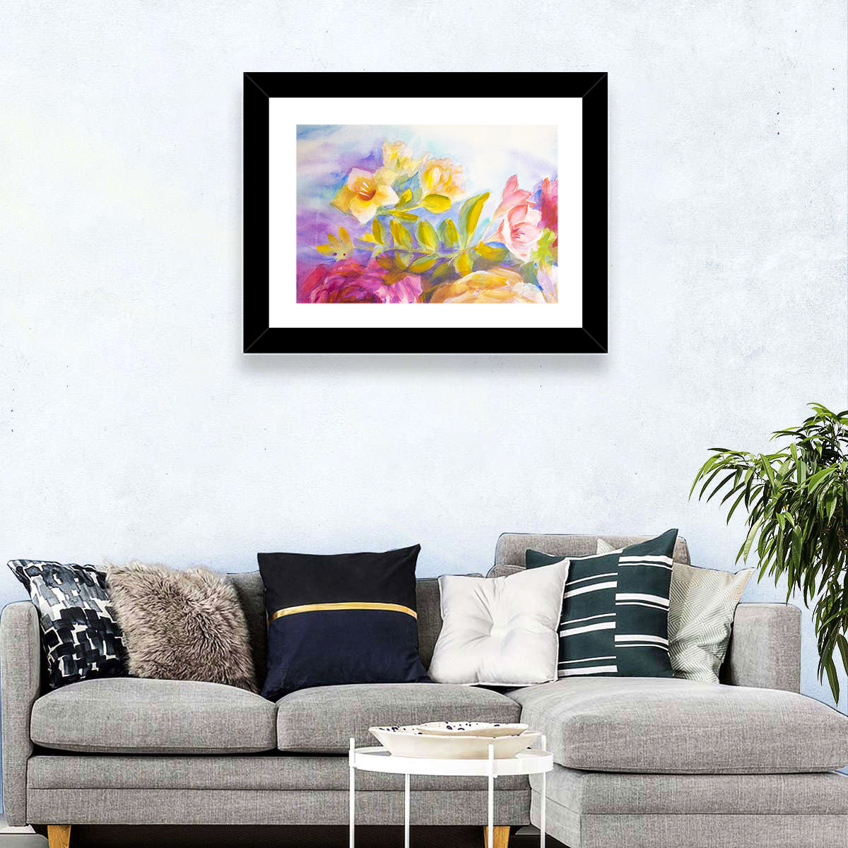 Pink and Yellow Watercolor Blossoms Wall Art in a room, landscape