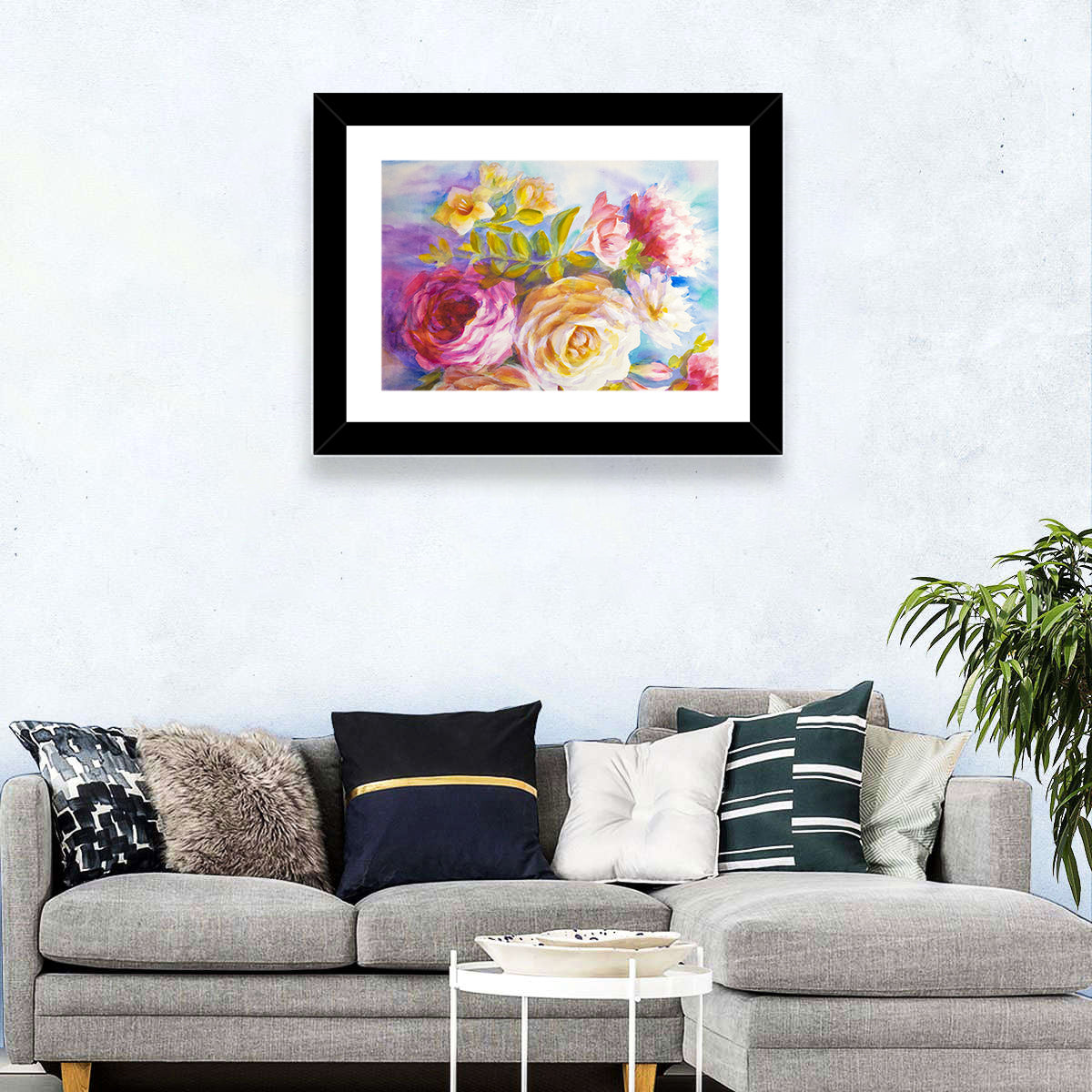 Painterly Peonies and Rose Bouquet Wall Art in a room, landscape