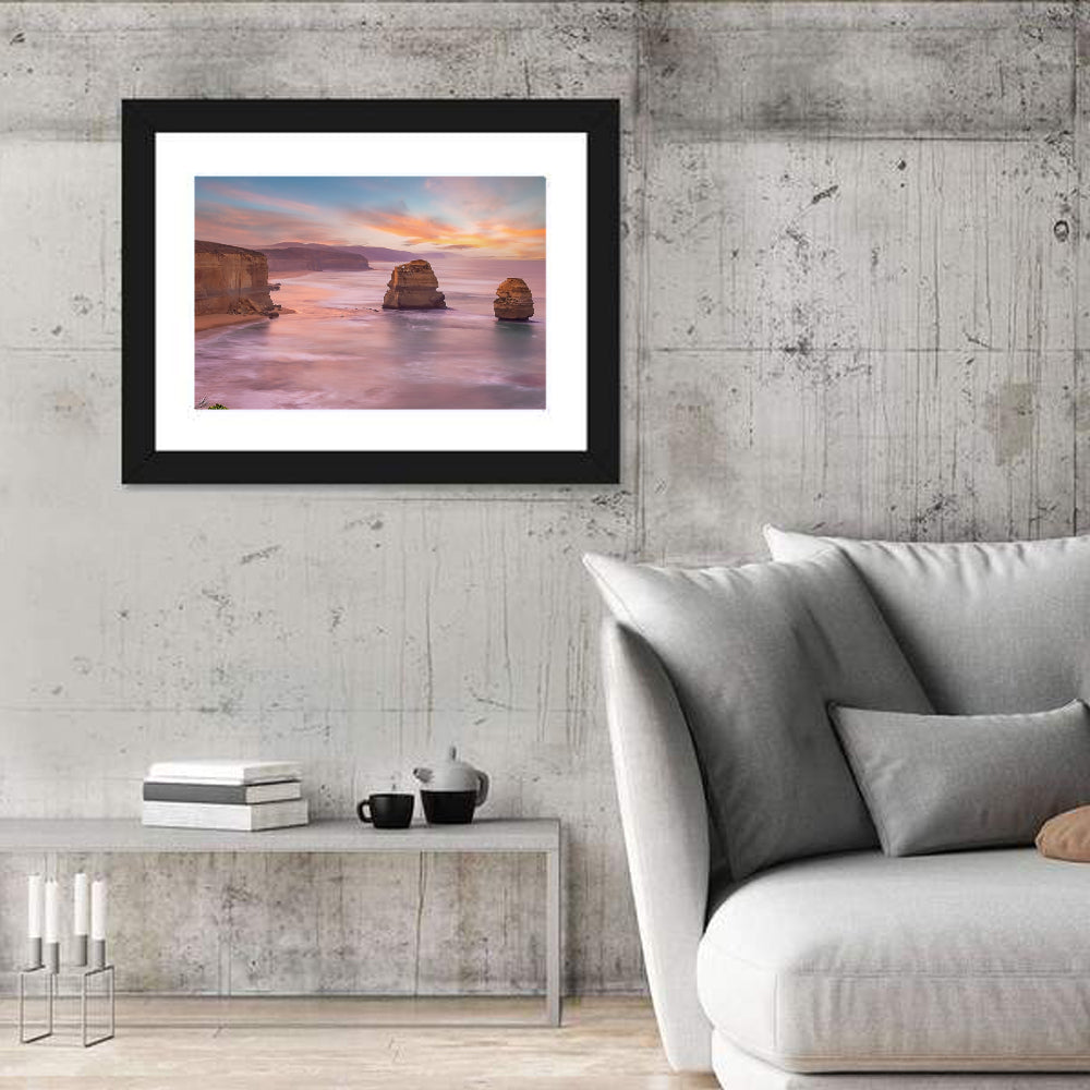 Twelve Apostles Sunset Sea Stacks Wall Art in a room, landscape