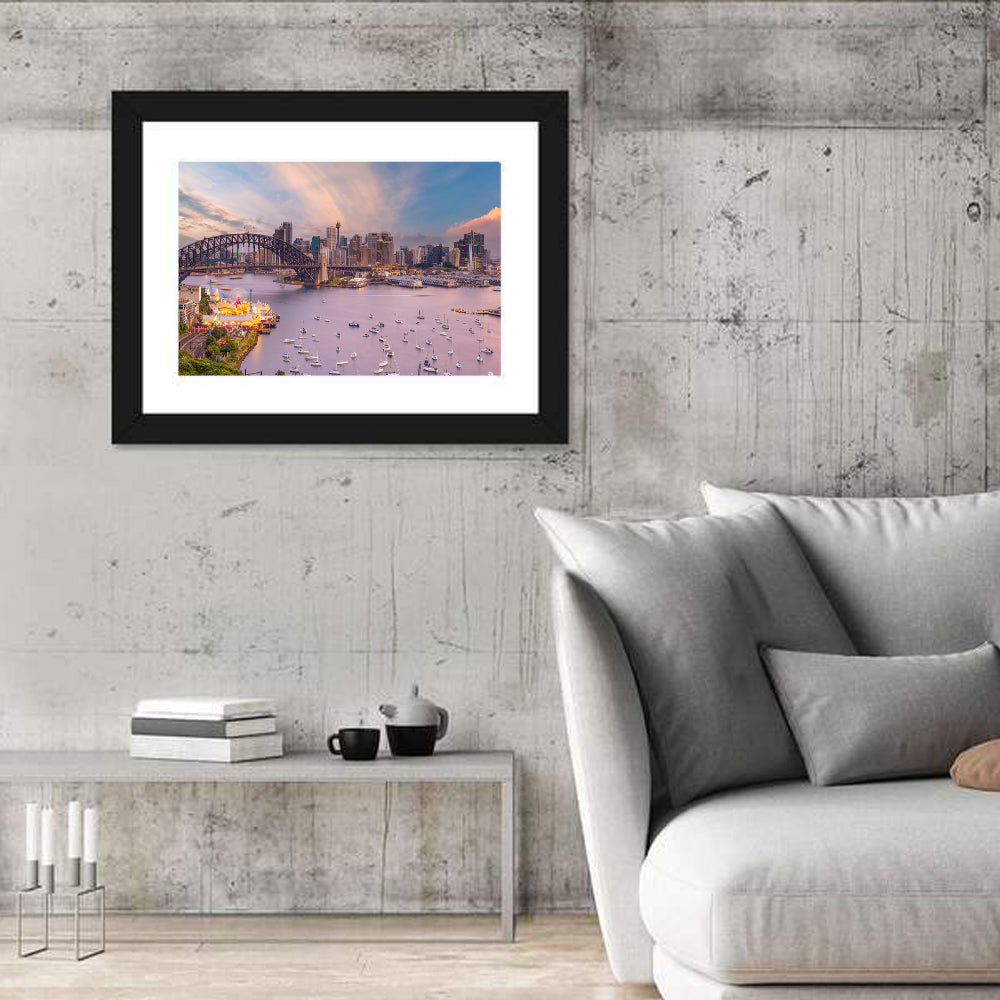 Sydney Harbour Bridge at Golden Twilight Wall Art in a room, landscape