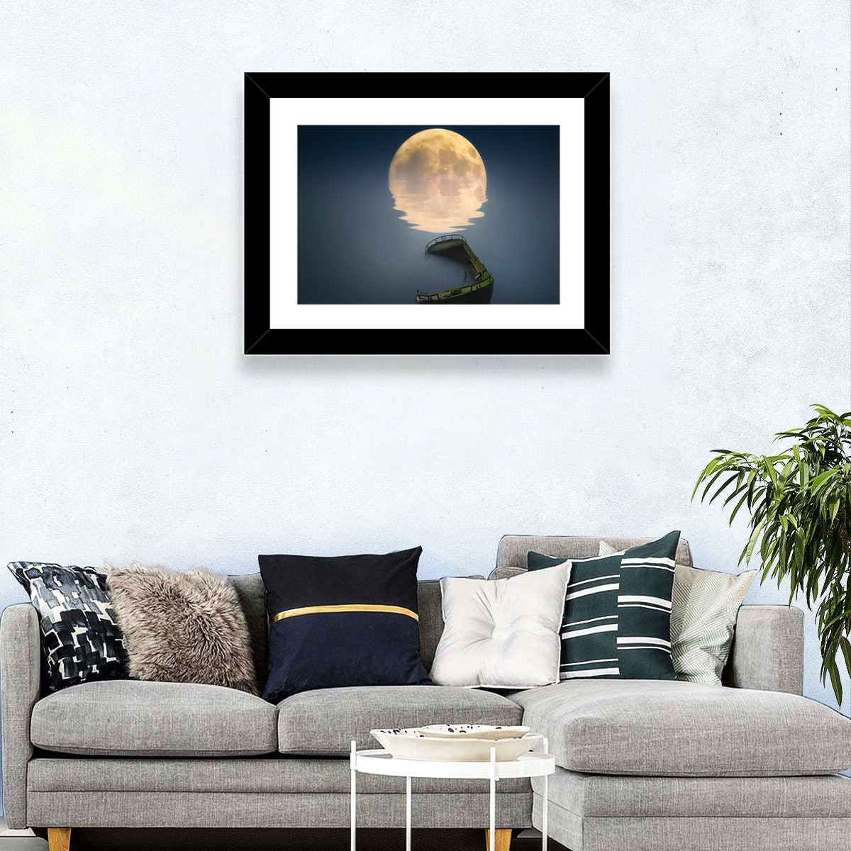 Moonlit Shipwreck Reflection Wall Art in a room, landscape
