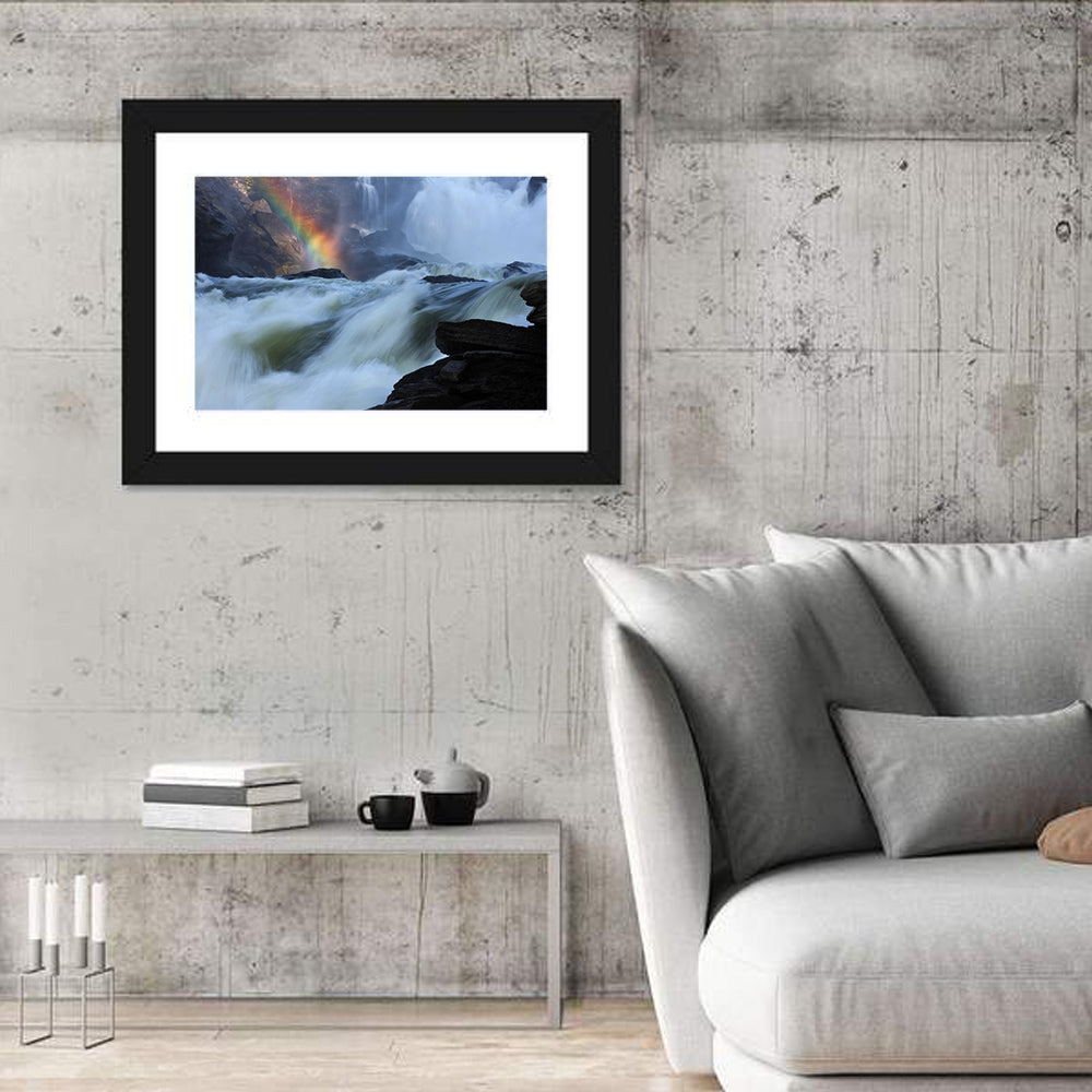 Rainbow Over Rushing River Wall Art in a room, landscape