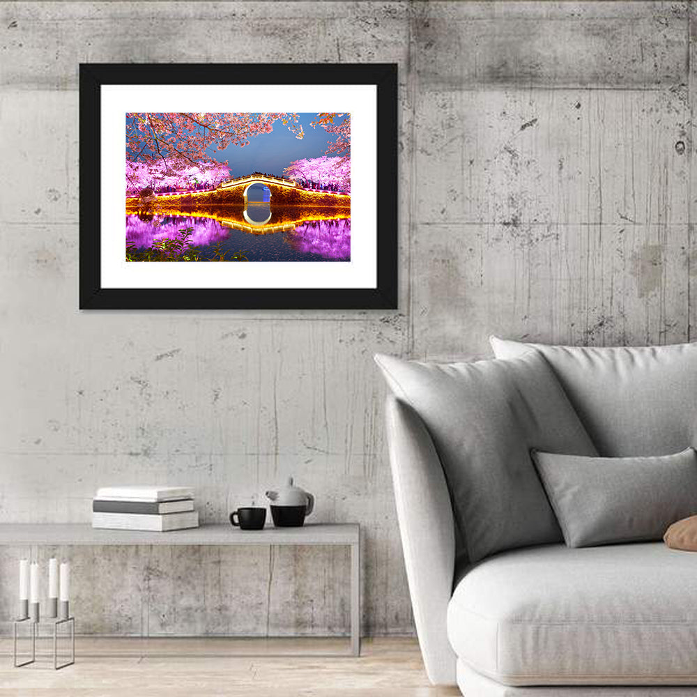 Illuminated Cherry Blossom Bridge Wall Art in a room, landscape