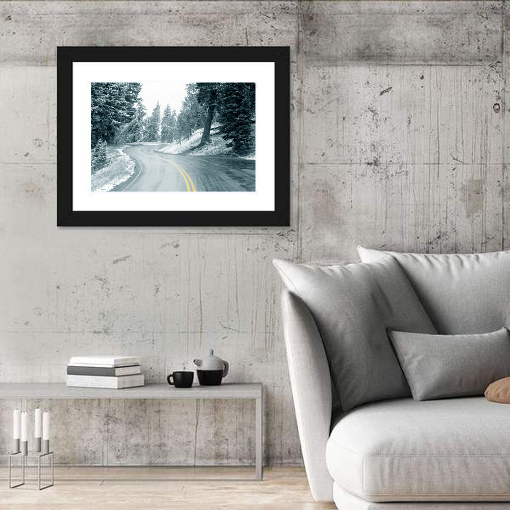 Winding Snowy Highway Wall Art in a room, landscape