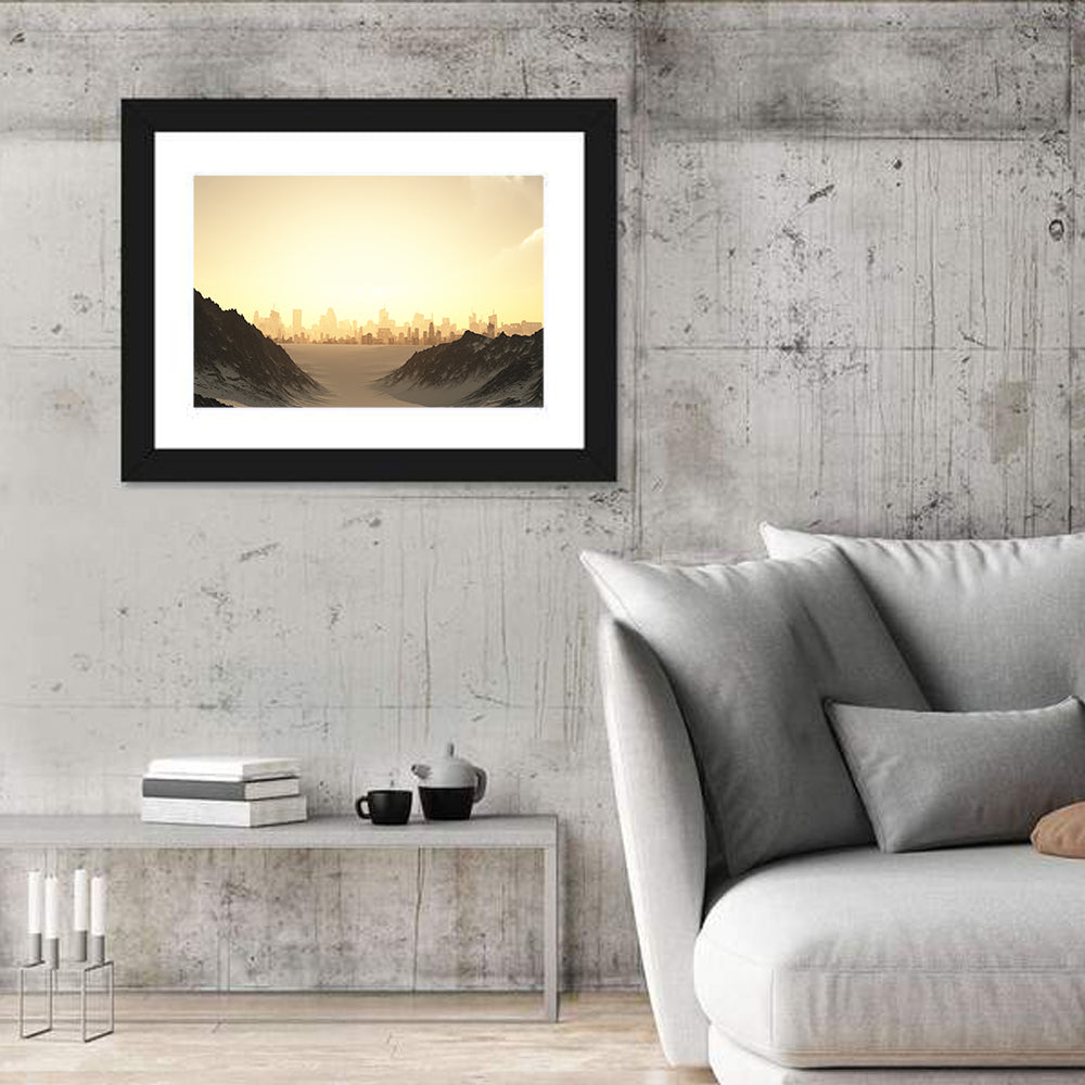 Futuristic City Sunset Wall Art in a room, landscape