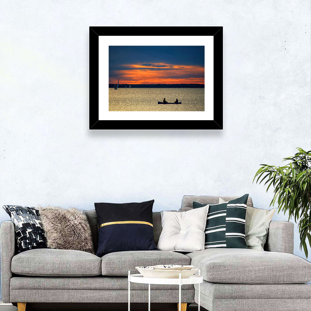 Ottawa River Sunset Canoe Wall Art in a room, landscape