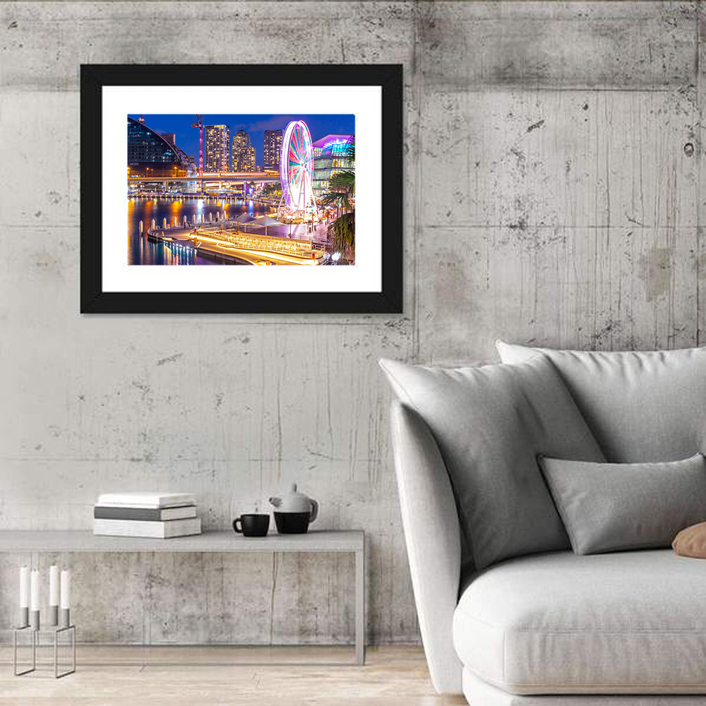 Darling Harbour Nightscape Wall Art in a room, landscape