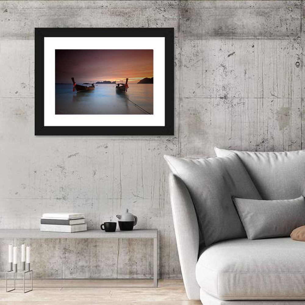 Phi Phi Longtail Boats at Golden Hour Wall Art in a room, landscape