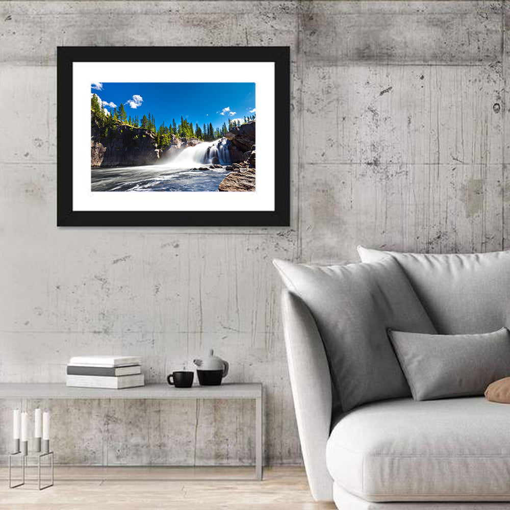 Misty Blue Waterfall Wall Art in a room, landscape