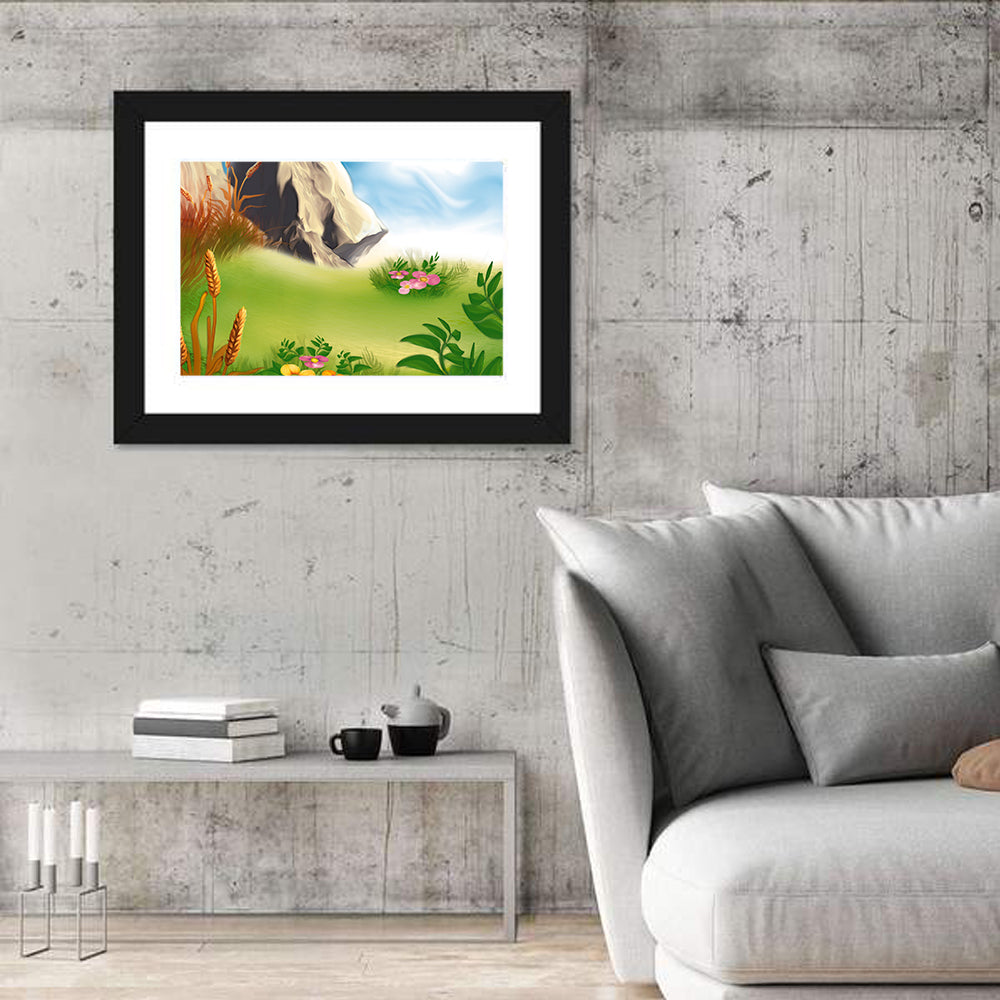 Sunny Mountain Meadow Illustration Wall Art