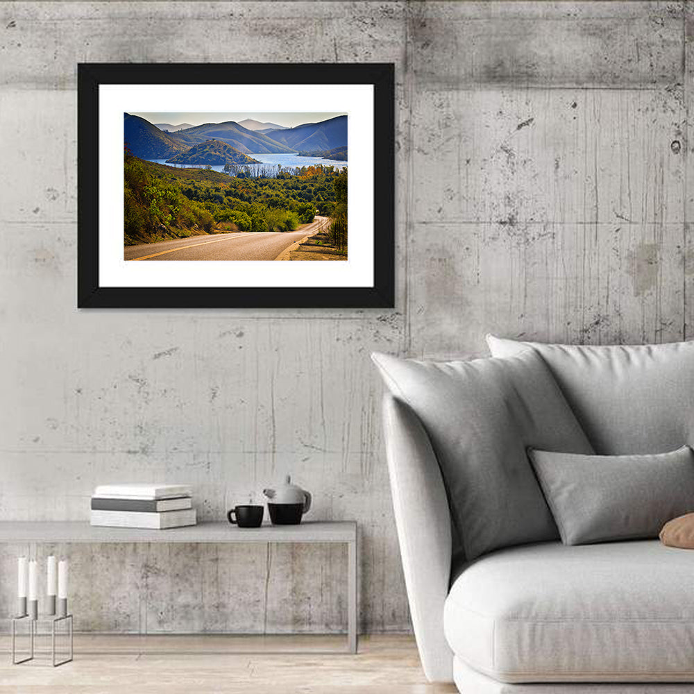 Lake Hodges Roadside Vista Wall Art in a room, landscape