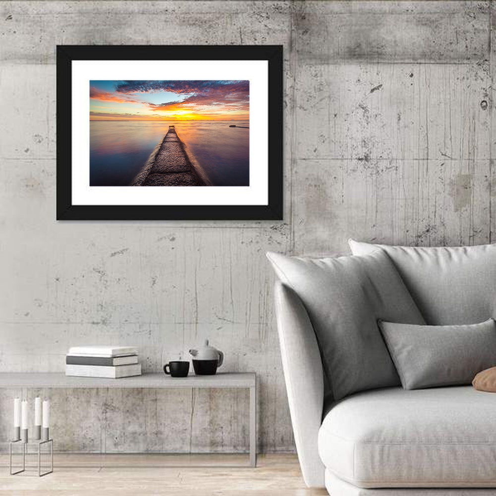 Stone Pier to Glowing Horizon Wall Art in a room, landscape