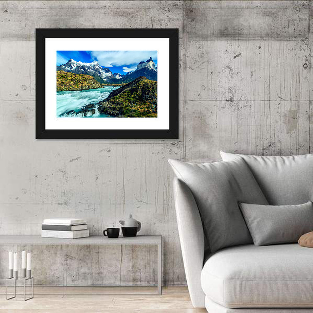 Torres Del Paine Glacier Stream Wall Art in a room, landscape