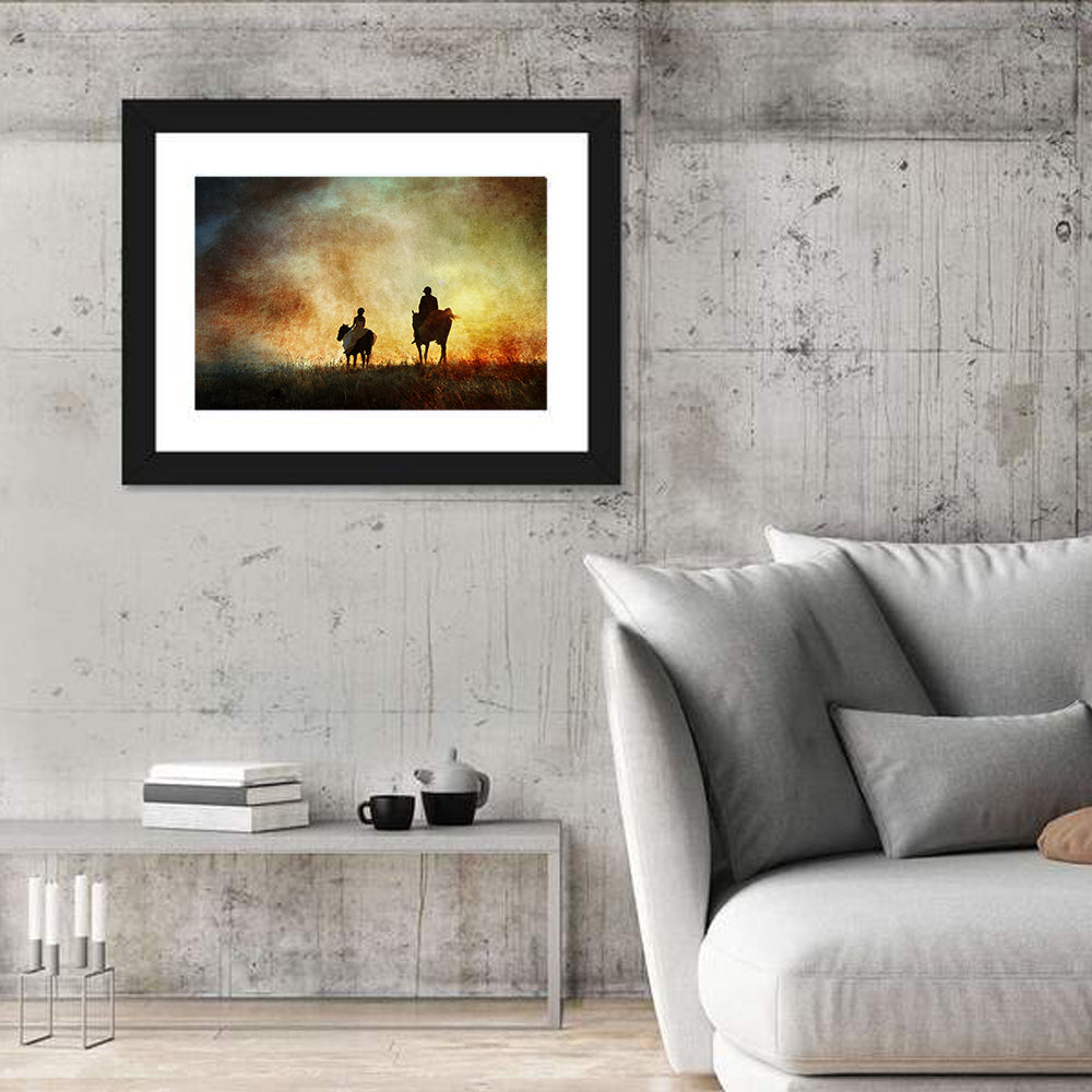 Silhouetted Horse Riders at Sunset Wall Art in a room, landscape