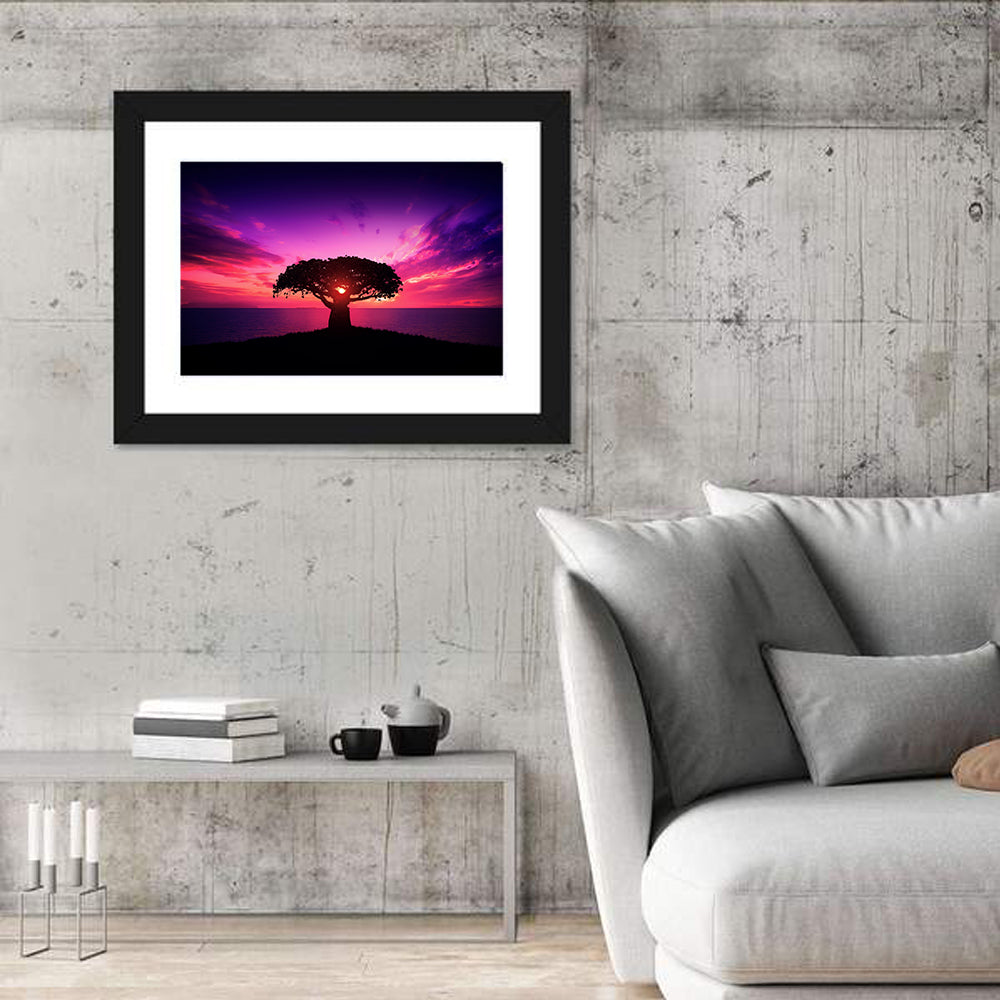 Baobab Sunset Silhouette Wall Art in a room, landscape