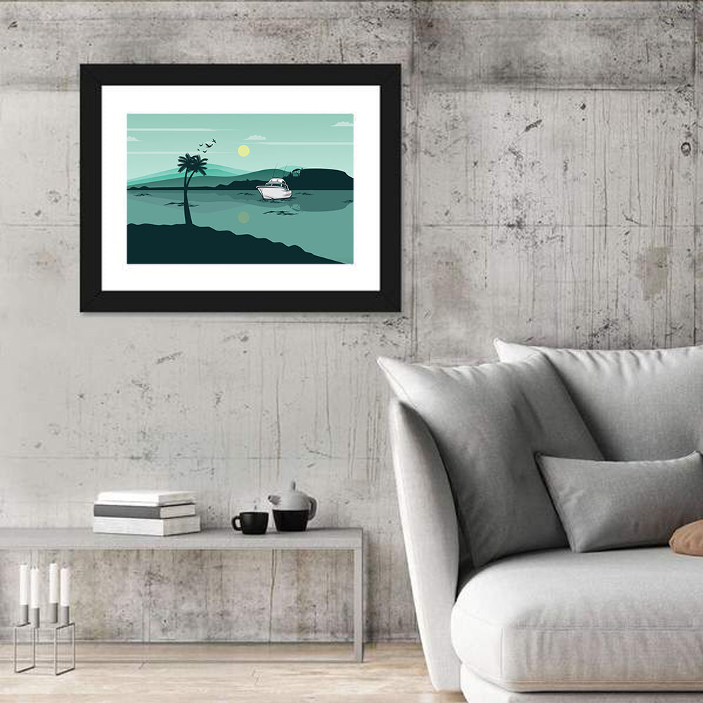 Teal Lake Boat with Palm Tree Wall Art in a room, landscape