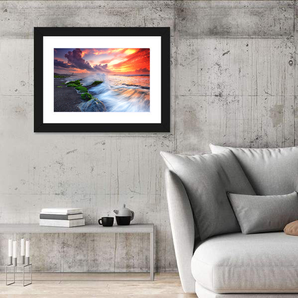 Ocean Waves Under Burning Sky Wall Art in a room, landscape