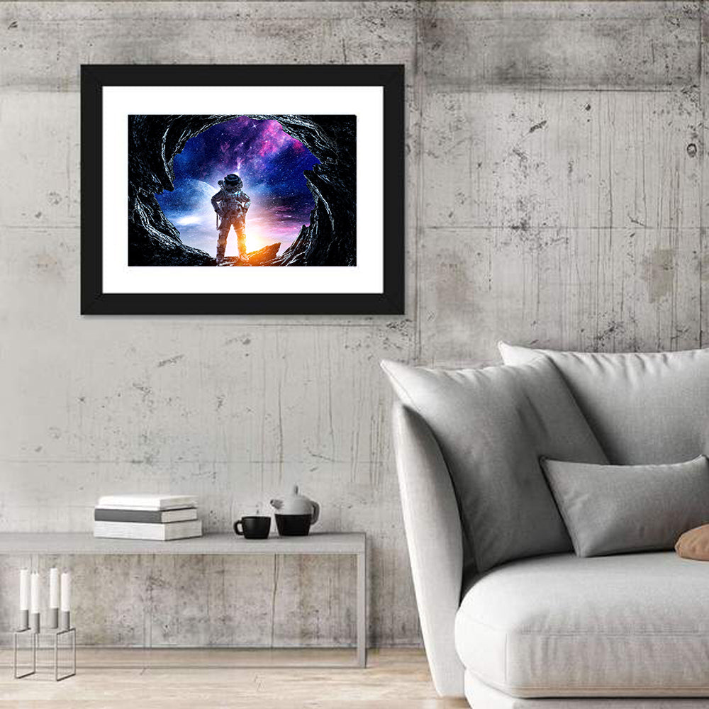 Astronaut at Alien Planet Cave Wall Art in a room, landscape