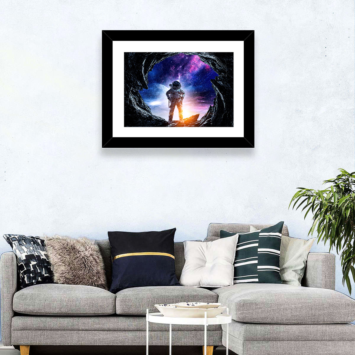 Astronaut at Alien Planet Cave Wall Art in a room, landscape