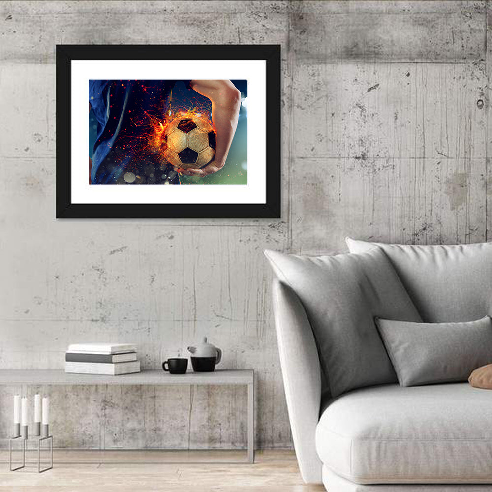 Fiery Soccer Ball and Blue Jersey Player Wall Art