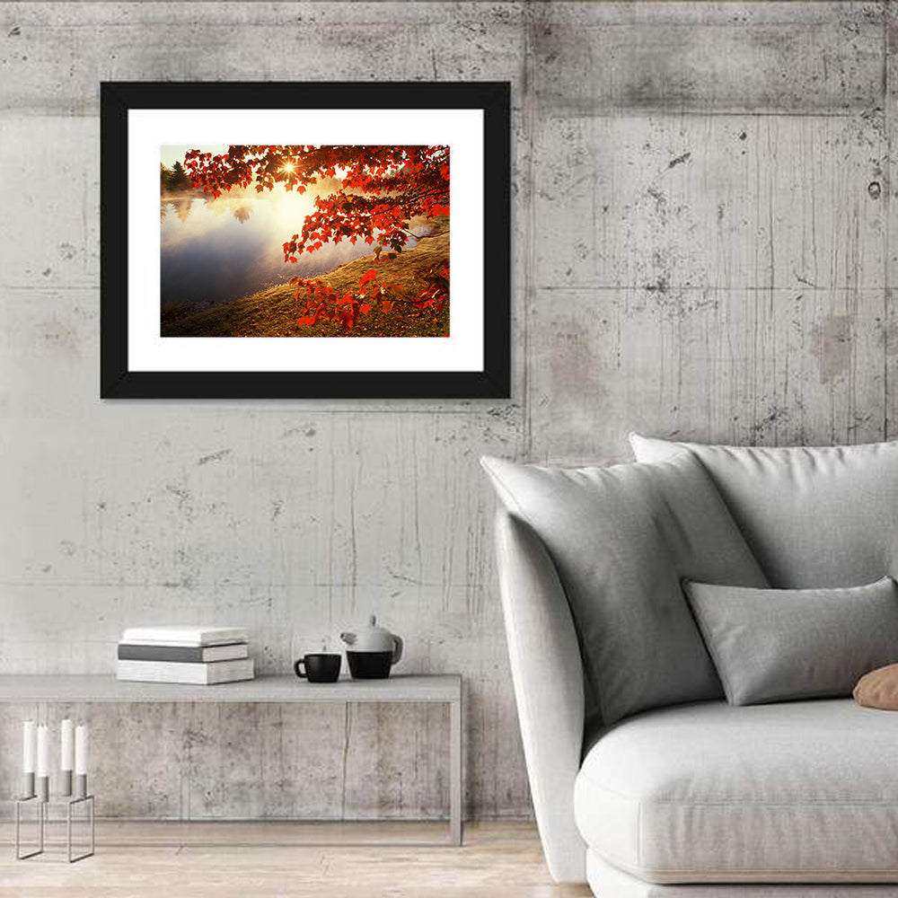 Autumn Pond Sunrise Connecticut Wall Art in a room, landscape