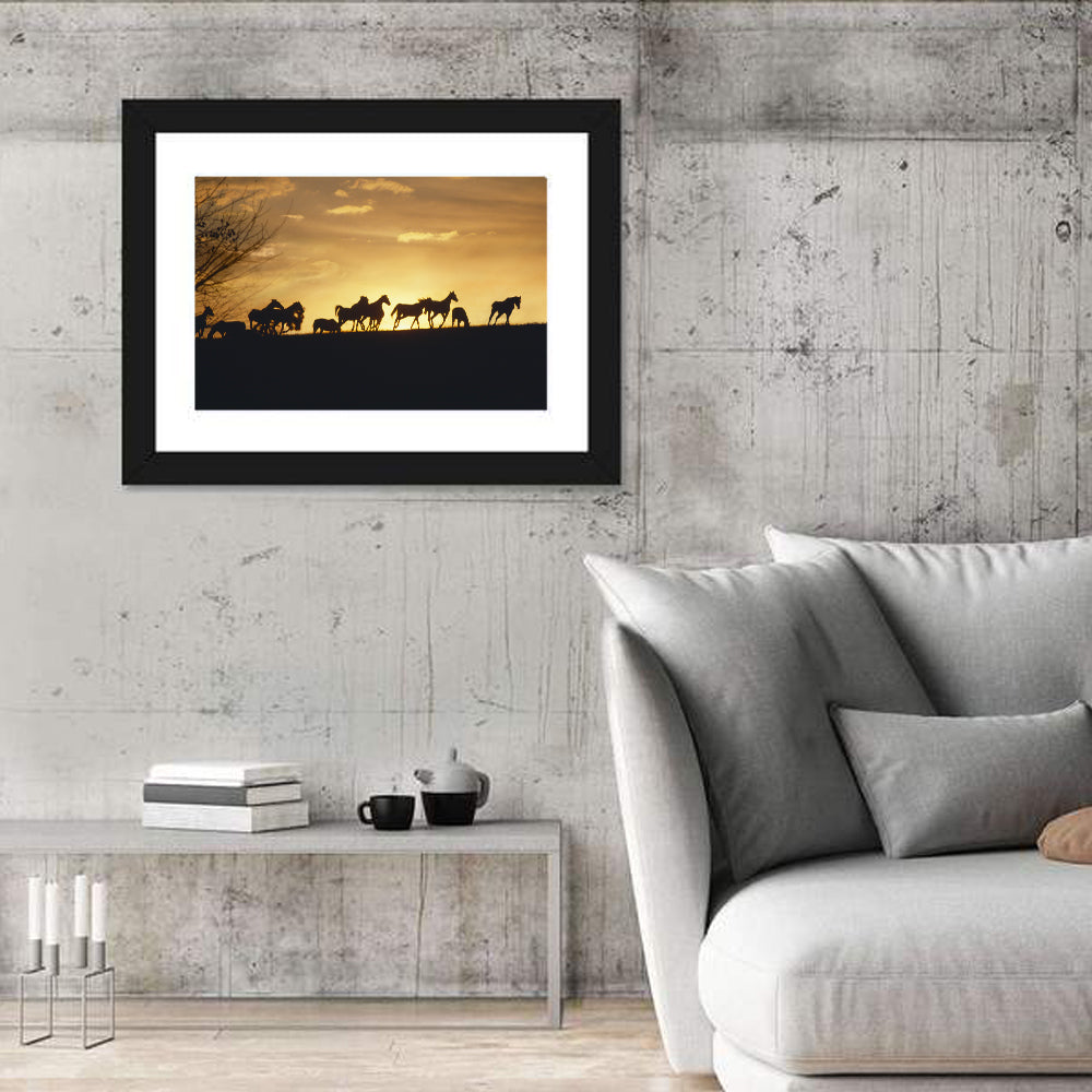 Mustang Silhouettes at Sunset Wall Art in a room, landscape