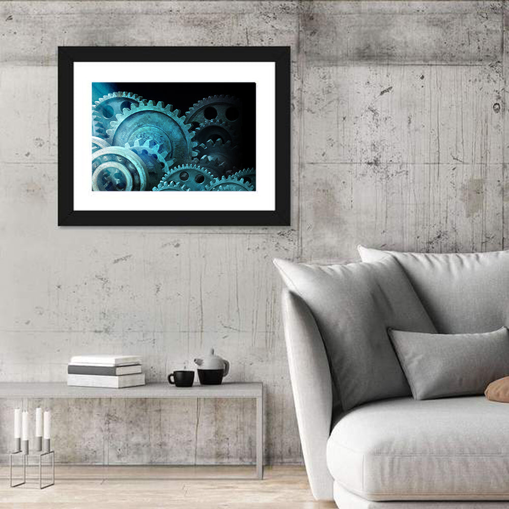 Teal and Steel Cogwheel Close-up Wall Art in a room, landscape