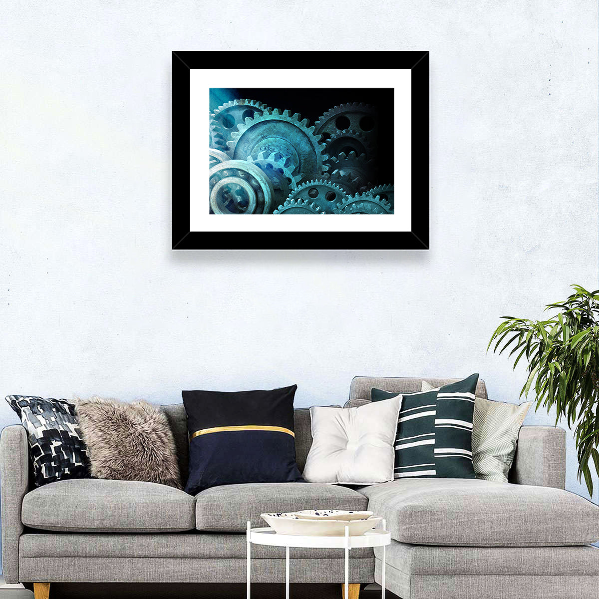 Teal and Steel Cogwheel Close-up Wall Art in a room, landscape