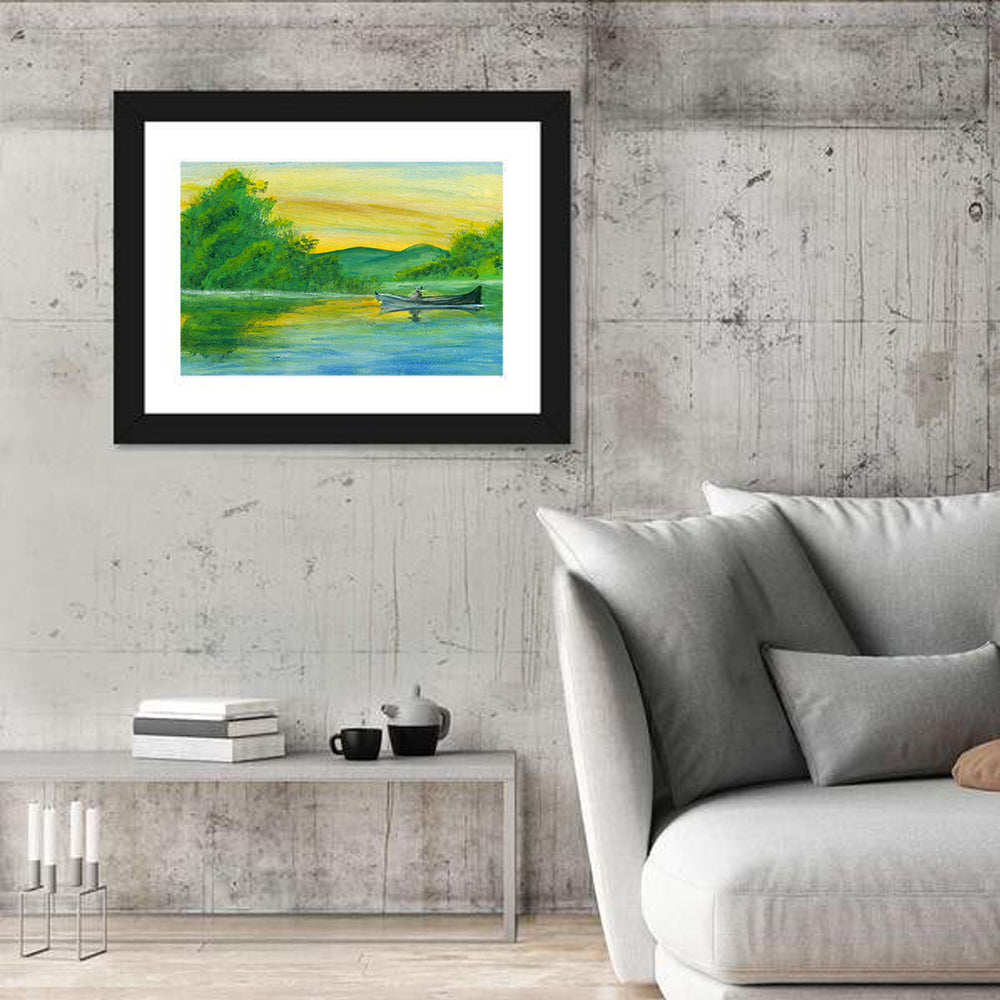 Rowboat on Serene Lake Watercolor Wall Art in a room, landscape