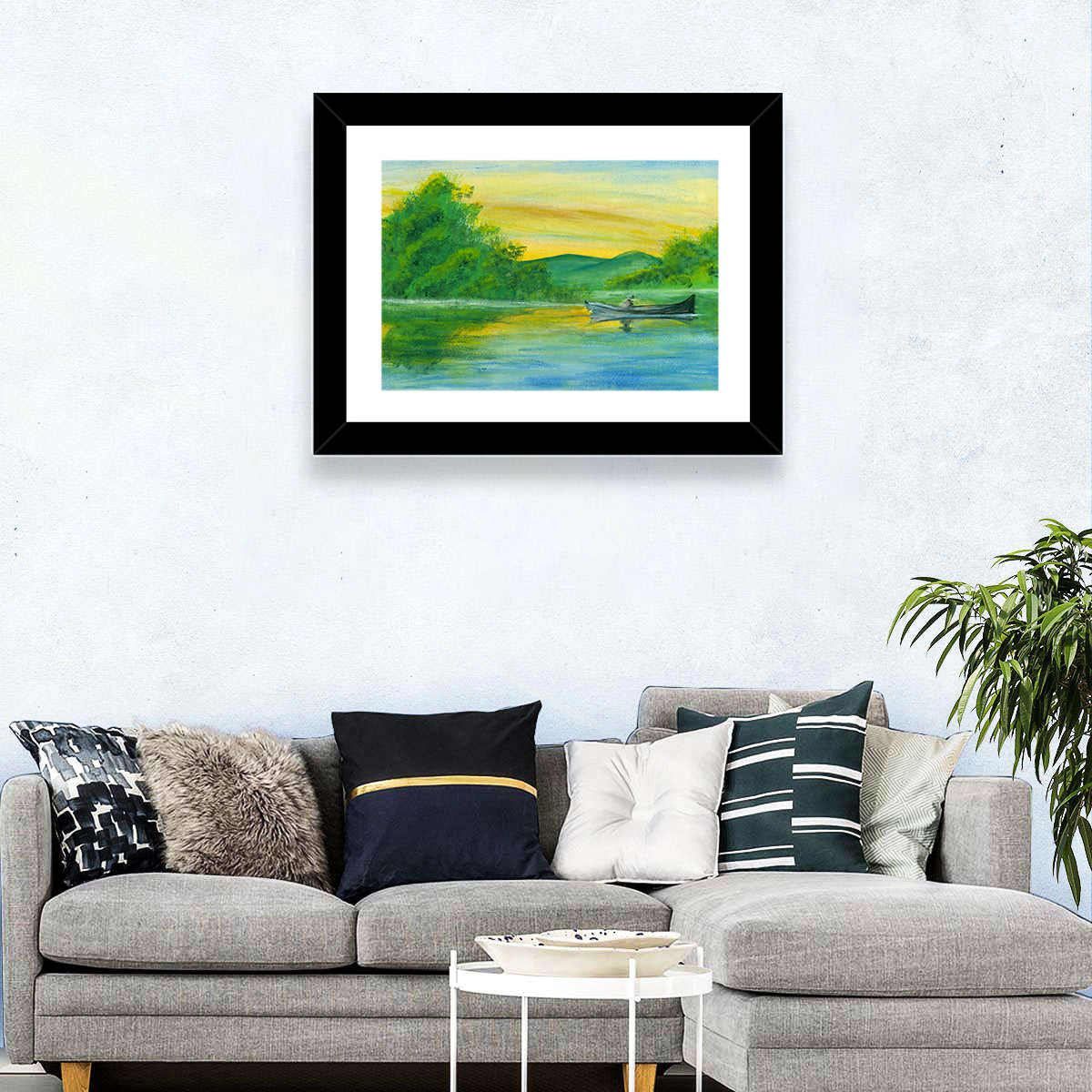 Rowboat on Serene Lake Watercolor Wall Art in a room, landscape