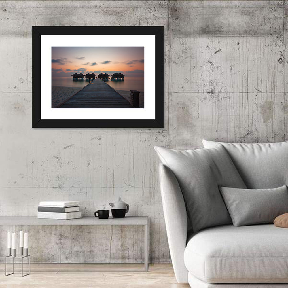 Overwater Bungalows at Sunset Wall Art in a room, landscape