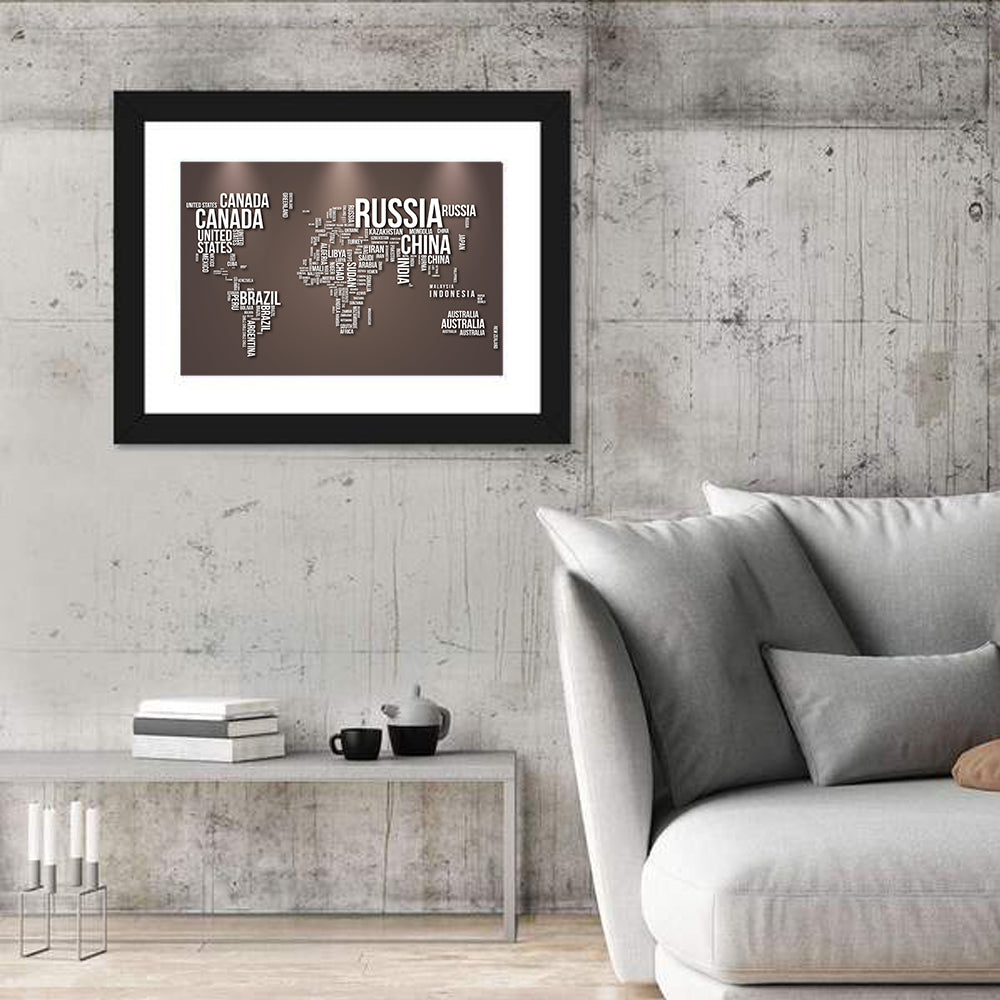 World Map Typography in Brown and White Wall Art in a room, landscape