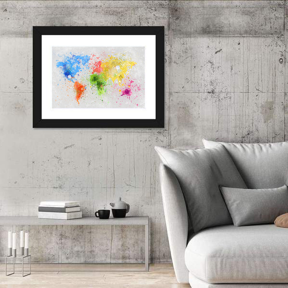Vibrant Watercolor World Map Wall Art in a room, landscape