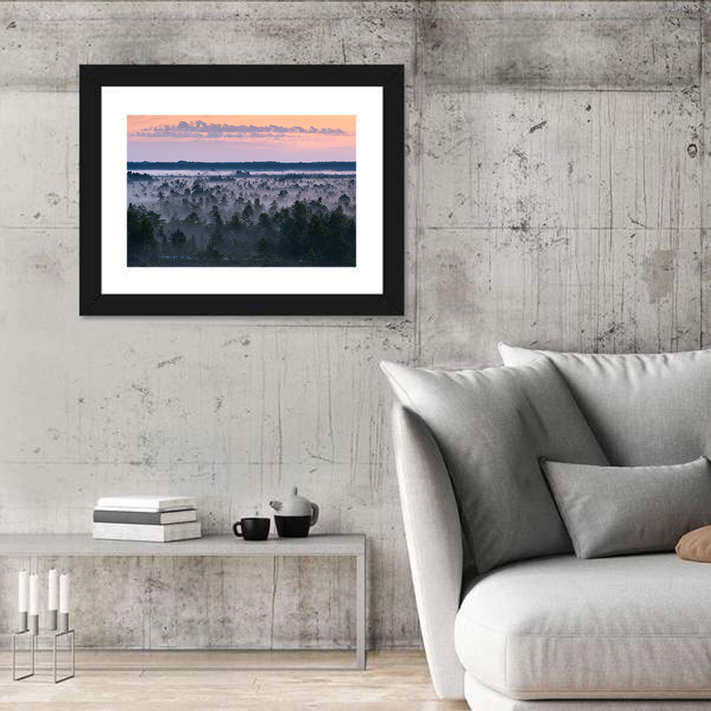 Estonian Misty Pine Landscape Wall Art in a room, landscape