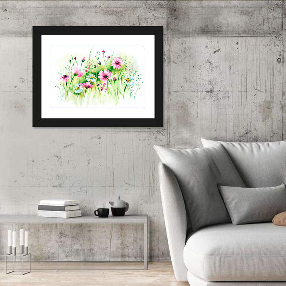 Airy Wildflower Meadow Watercolor Wall Art in a room, landscape