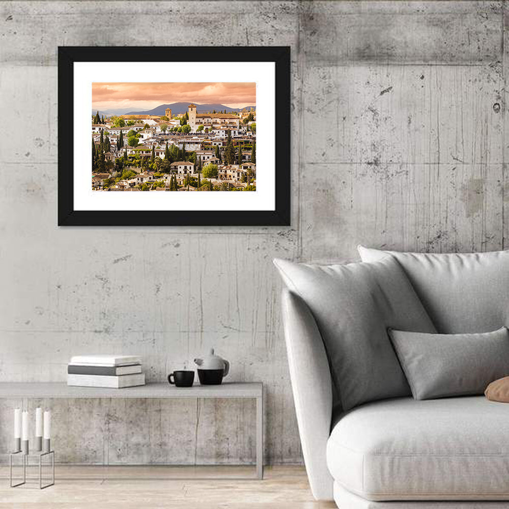 Granada Albaicín Sunset Cityscape Wall Art in a room, landscape