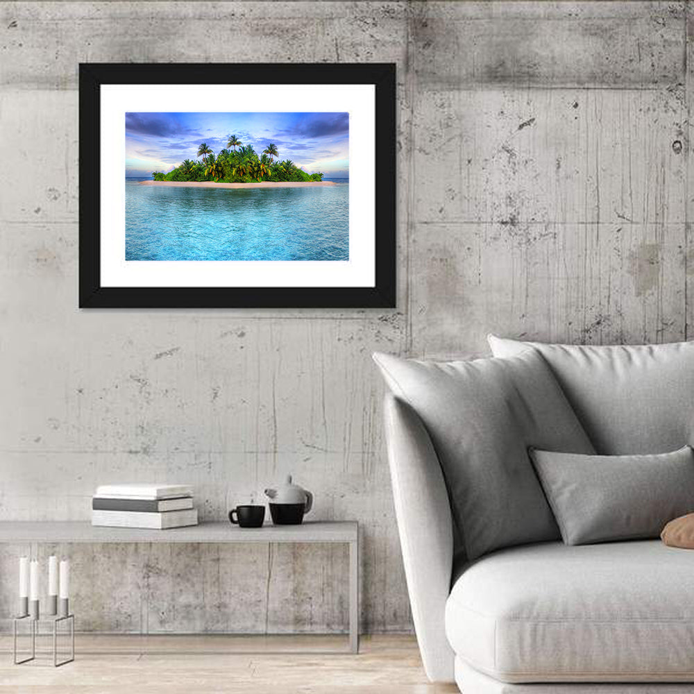 Mirrored Tropical Island Lagoon Wall Art in a room, landscape