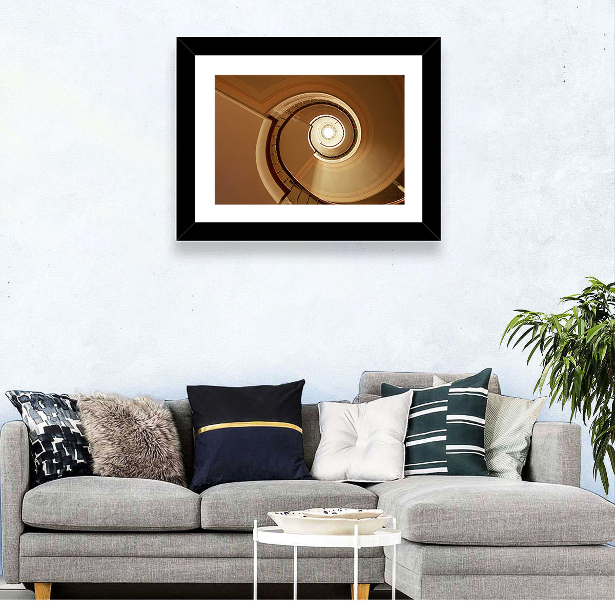 Worms-eye Spiral Staircase Wall Art in a room, landscape