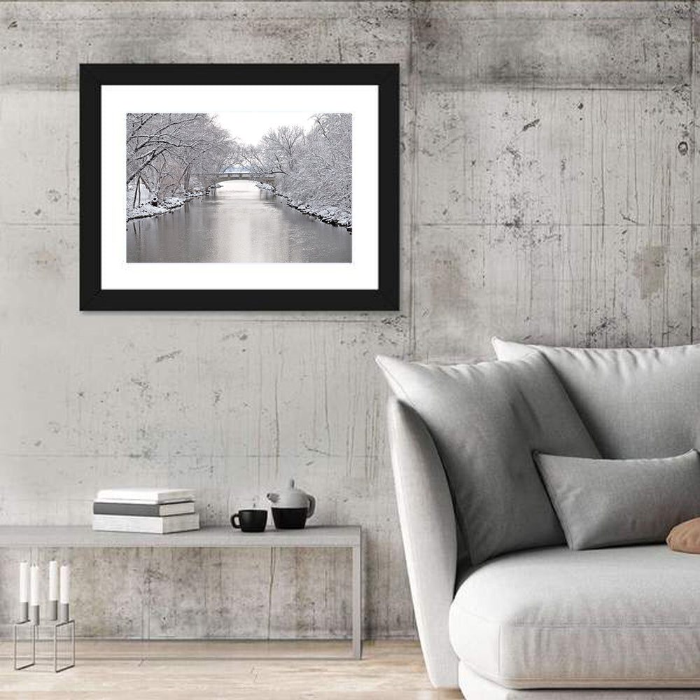 Yahara River Winter Stone Bridge Wall Art in a room, landscape