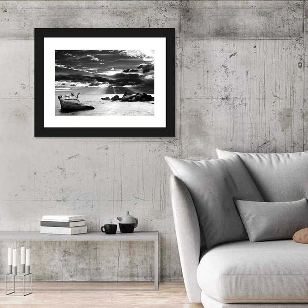 Bonsai Rock with Sunbeams Wall Art in a room, landscape