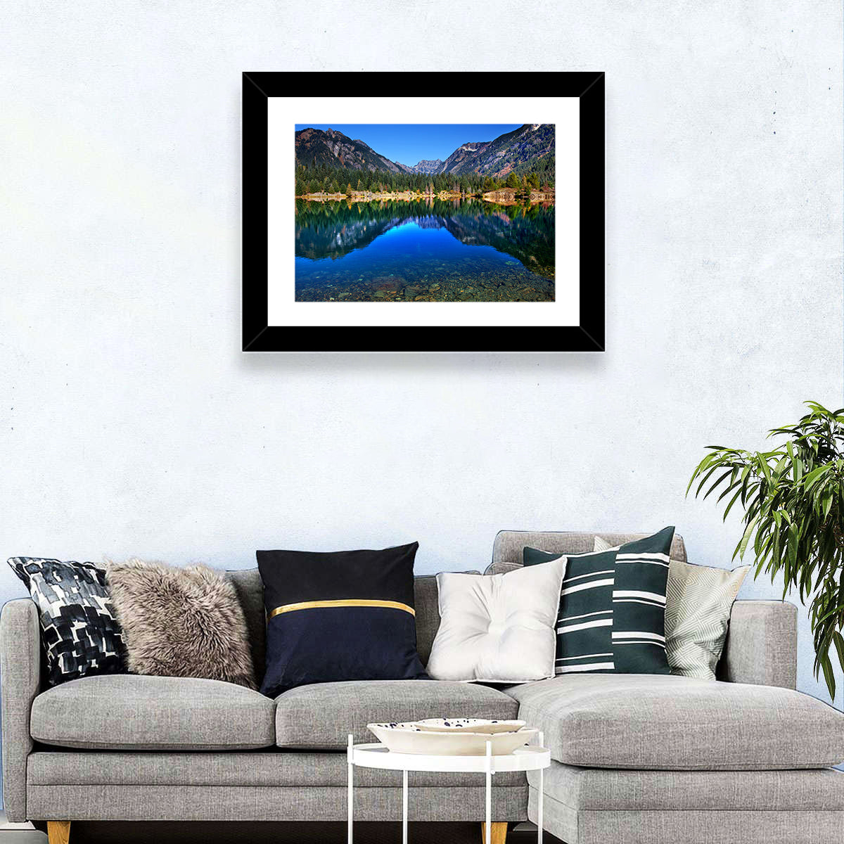 Gold Lake Reflection Wall Art in a room, landscape