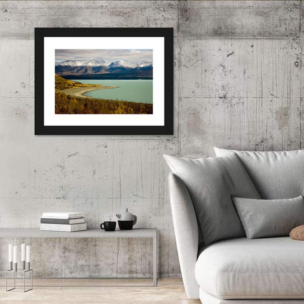 Lake Pukaki Autumn Shoreline Wall Art in a room, landscape