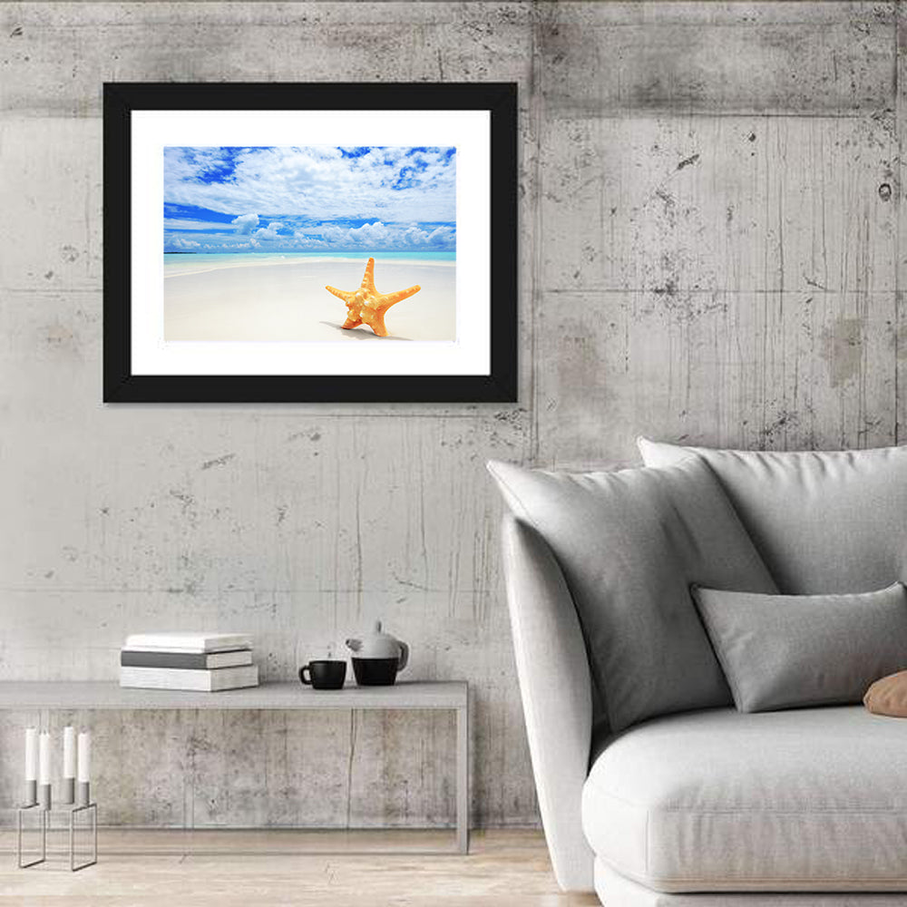 Minimalist Yellow Starfish on Turquoise Shore Wall Art in a room, landscape