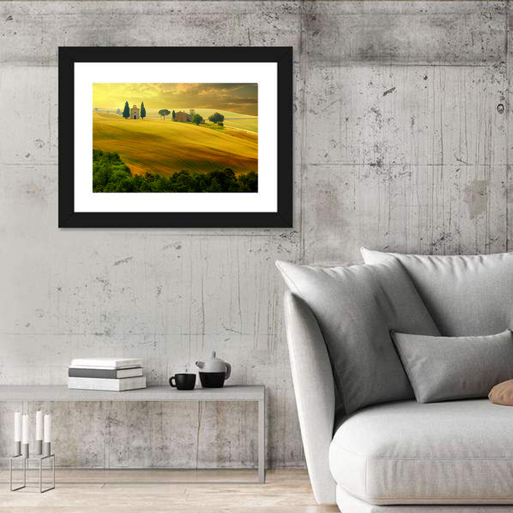 Tuscany Golden Hour Landscape Wall Art in a room, landscape