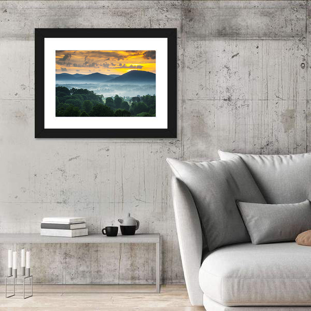 Blue Ridge Mountains Asheville Sunset Wall Art in a room, landscape