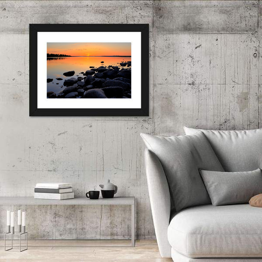 Rocky Lake Sunset Wall Art in a room, landscape