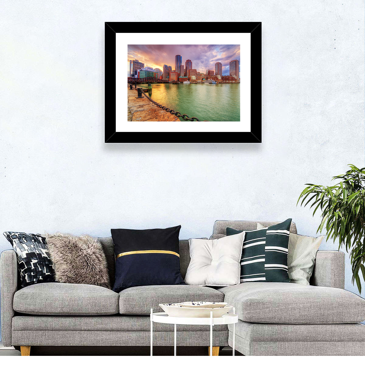 Boston Harbor Skyline at Sunset Wall Art in a room, landscape